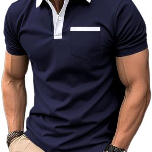 Mens Casual Polo Shirts Classic Short Sleeve Golf Shirt Fashion Button Cotton Top with Pocket