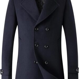 Men's Woolen Trench Coat Regular Fit Double Breasted Wool Blend Jacket Winter Pea Coat Businesss Overcoat