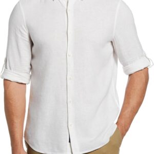 Men's Slim Fit Linen Blend Shirt Stand Collar Striped Detail