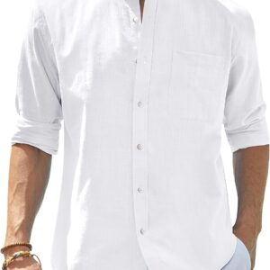 Men's Cotton Linen Long Sleeve Button-Down Shirt with Pocket
