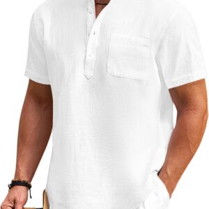 Men's Cotton Linen Short Sleeve Henley Shirt with Pocket