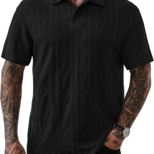 Men's Textured Knit Polo Shirt Loose Fit Stretch Casual Shirt