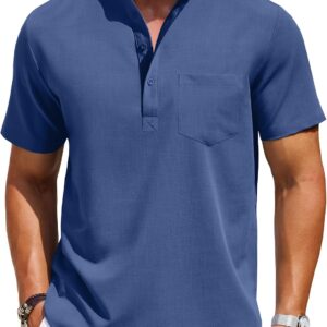 Men's Short Sleeve Henley Shirt Band Collar Casual Summer T-Shirt