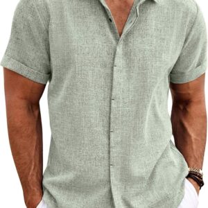 Men's Linen Shirts Short Sleeve Casual Shirts Button Down Shirt for Men Beach Summer Wedding Shirt