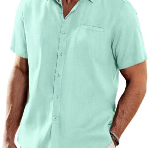 Men's Casual Linen Shirts Short Sleeve Button Down Shirt Summer Beach Tops
