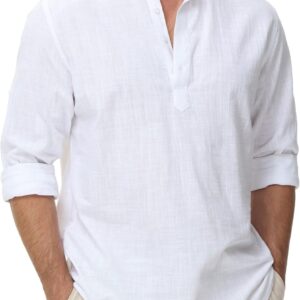Men's Lightweight Cotton Linen Long Sleeve Henley Shirt